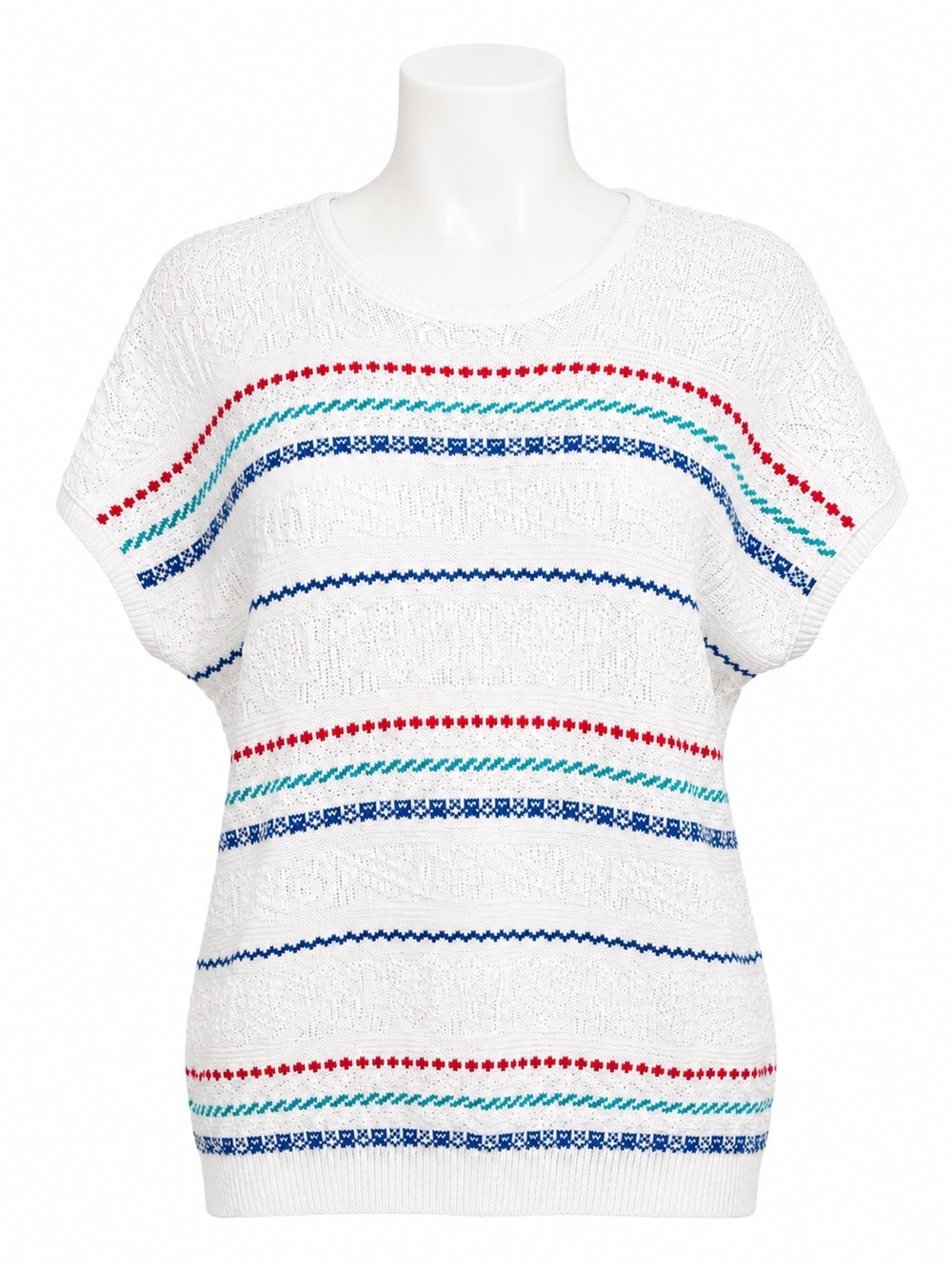 Size L‎ Women’s White Textured Knit Short Sleeve Sweater Multicolor Stripe Top